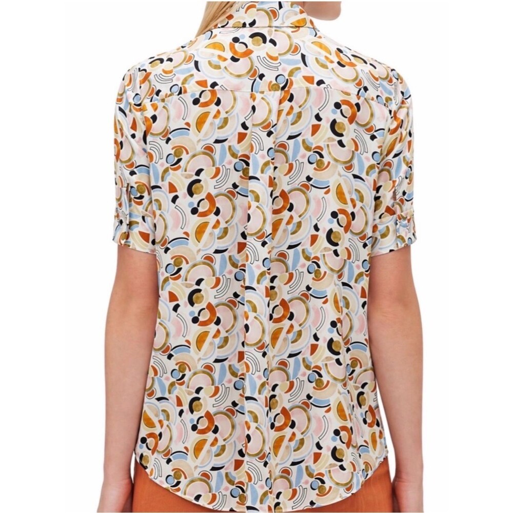 Lafayette 148 100% Silk Art Deco Geometric Print Short Sleeve Blouse M - Picture 2 of 13